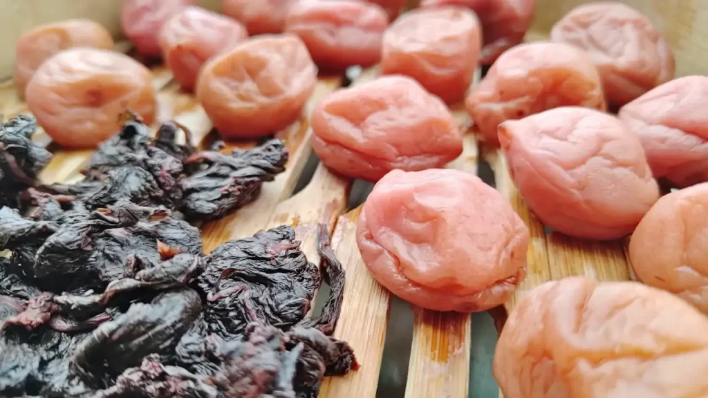 合計54日赤紫蘇で漬け込み、陰干ししている梅干しと赤紫蘇